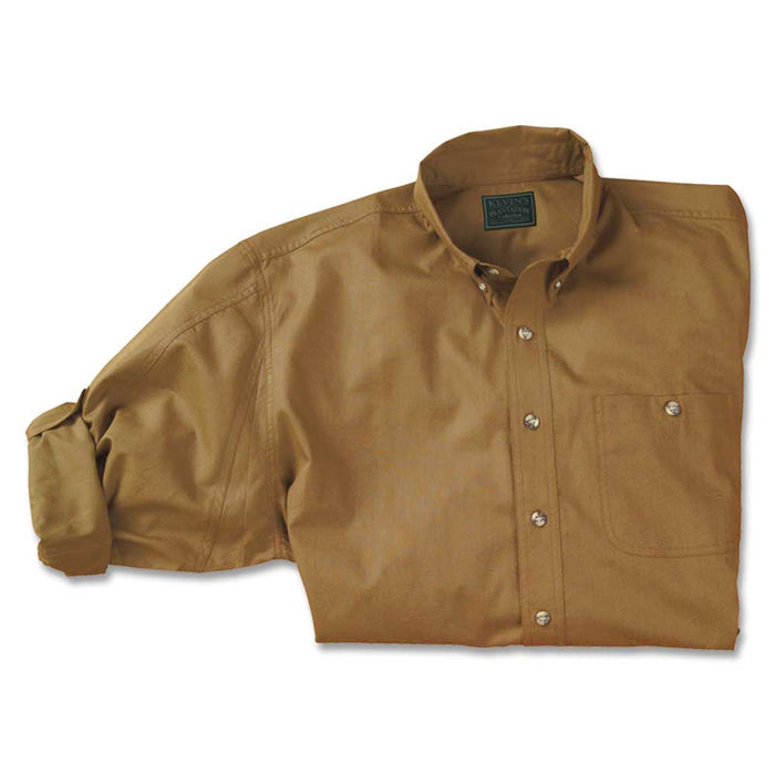 Tan long-sleeve field shirt in lightweight cotton poplin with horn buttons, a chest pocket, and roll-tab sleeves.