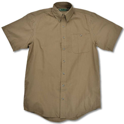 Tan featherweight cotton poplin short-sleeve field shirt with button-down collar and chest pocket.