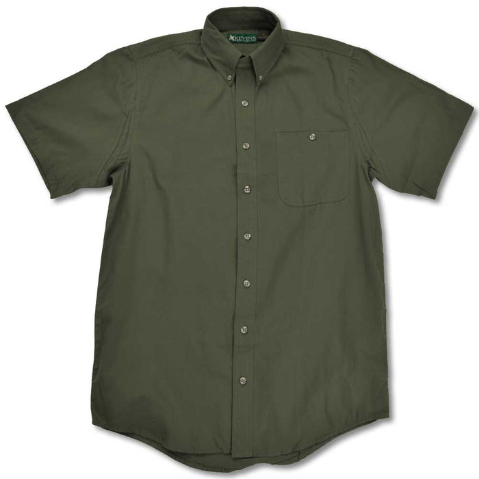 Olive green short-sleeve field shirt in lightweight cotton poplin with a button-down collar and single chest pocket.