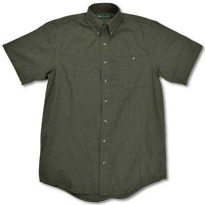 Olive green short-sleeve field shirt in lightweight cotton poplin with a button-down collar and single chest pocket.