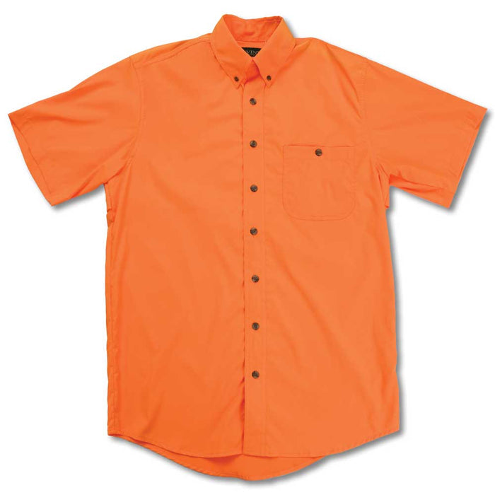 Bright orange featherweight cotton poplin short-sleeve field shirt with a button-down collar and horn buttons.