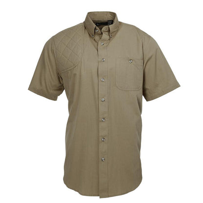 Tan short-sleeve cotton poplin shooting shirt with a quilted right shoulder patch and button-down collar.