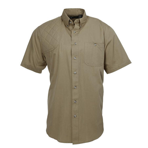 Tan short-sleeve cotton poplin shooting shirt with a quilted right shoulder patch and button-down collar.