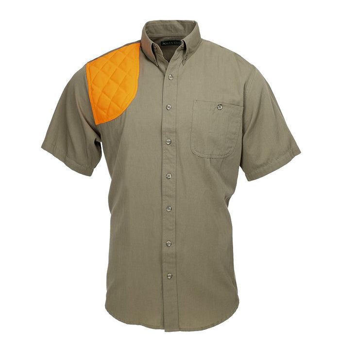 Olive green cotton poplin short-sleeve shooting shirt with a bright orange quilted recoil pad patch on the right shoulder.
