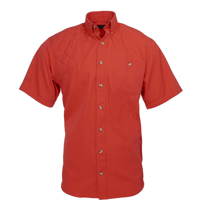 Red short-sleeve cotton poplin shooting shirt with a quilted right shoulder patch and button-down collar.