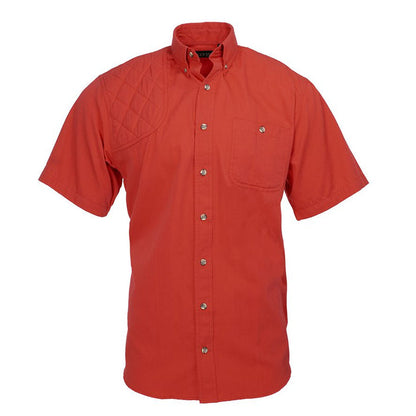 Red short-sleeve cotton poplin shooting shirt with a quilted right shoulder patch and button-down collar.