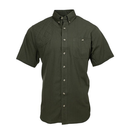 Olive green short-sleeve cotton poplin shooting shirt with a quilted right shoulder patch and horn buttons.