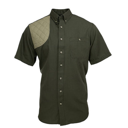 Olive green short-sleeve shooting shirt in cotton poplin with a quilted right shoulder recoil patch and horn buttons.