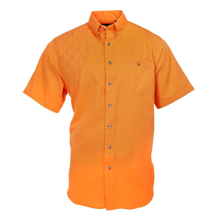 Bright orange short-sleeve shooting shirt in lightweight cotton poplin with a quilted right-shoulder recoil patch.