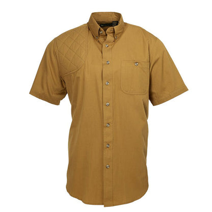 Tan short-sleeve cotton poplin shooting shirt with a quilted right shoulder patch and button-down collar.