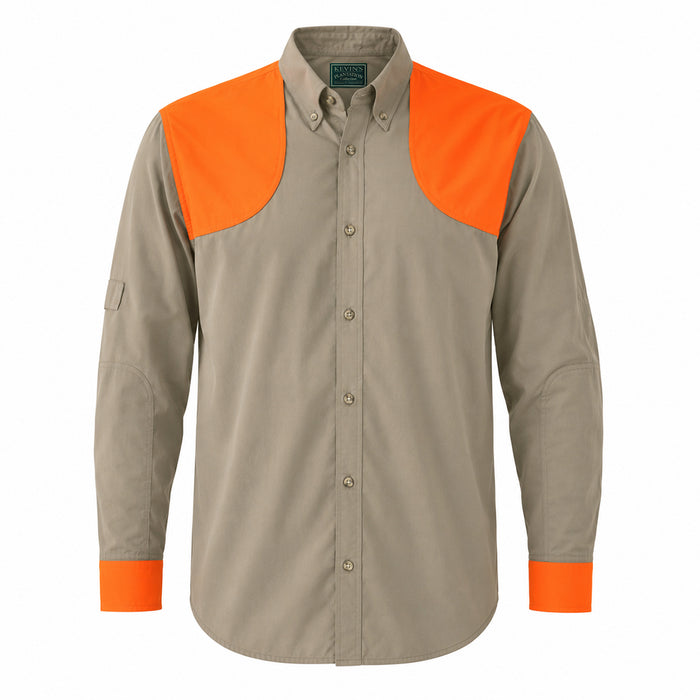 Tan long-sleeve shooting shirt with bright orange shoulder patches and matching cuffs, featuring a button-down collar.