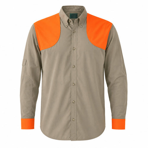 Tan long-sleeve shooting shirt with bright orange shoulder patches and matching cuffs, featuring a button-down collar.