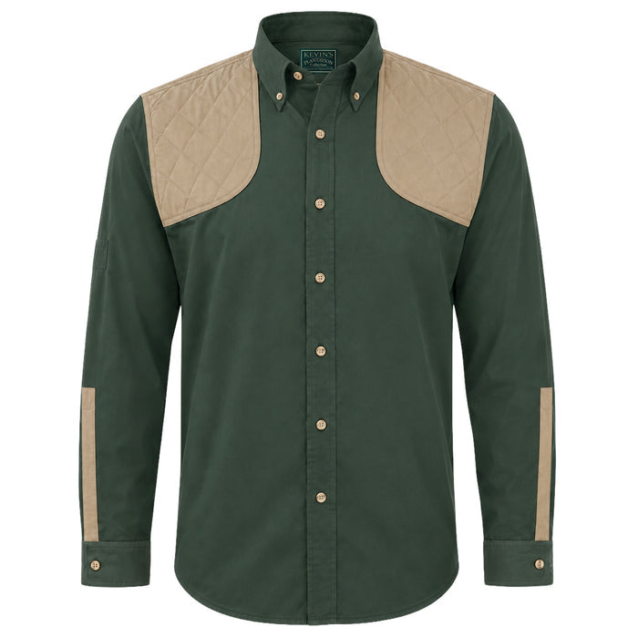 Dark green cotton shooting shirt with tan quilted shoulder patches, horn buttons, and long sleeves.