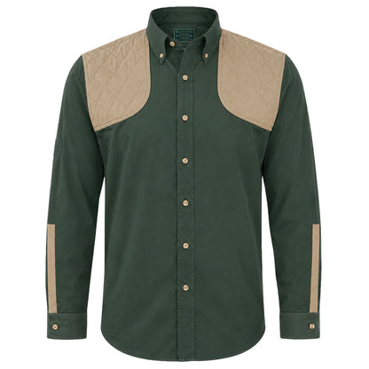 Dark green cotton shooting shirt with tan quilted shoulder patches, horn buttons, and long sleeves.