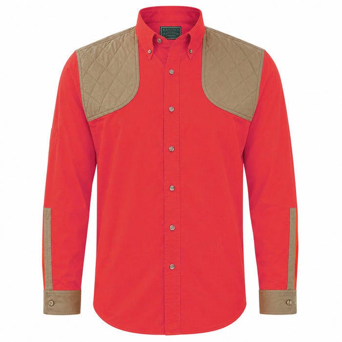 Red long-sleeve shooting shirt with tan quilted shoulder patches, horn buttons, and lightweight cotton poplin fabric.