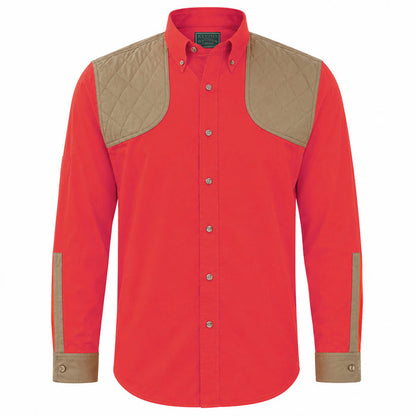Red long-sleeve shooting shirt with tan quilted shoulder patches, horn buttons, and lightweight cotton poplin fabric.