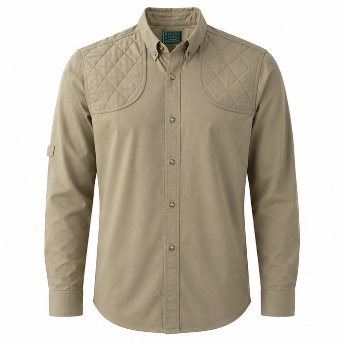Tan long-sleeve cotton shooting shirt with quilted dual shoulder patches, horn buttons, and a button-down collar.