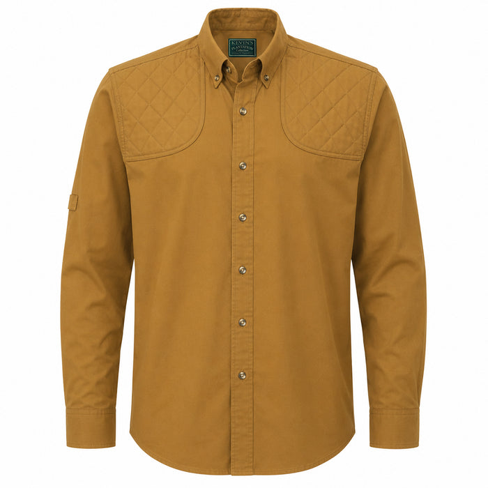 Tan feather-weight cotton shooting shirt with quilted shoulder patches, button-down collar, and horn buttons.