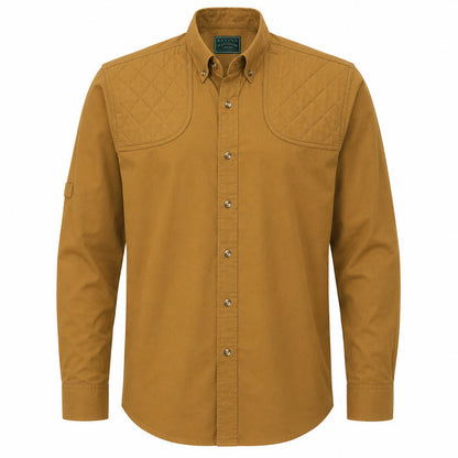 Tan feather-weight cotton shooting shirt with quilted shoulder patches, button-down collar, and horn buttons.