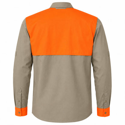 Tan and orange long-sleeve shooting shirt with a vented back, cotton poplin fabric, and button cuffs.