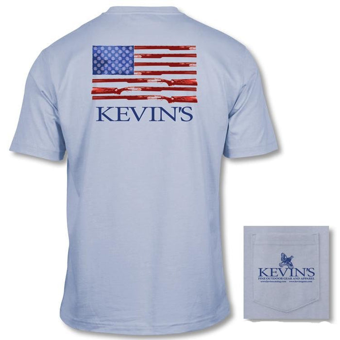 Light blue Comfort Colors t-shirt with a patriotic gun flag back graphic and a Kevin's logo on the front chest pocket.
