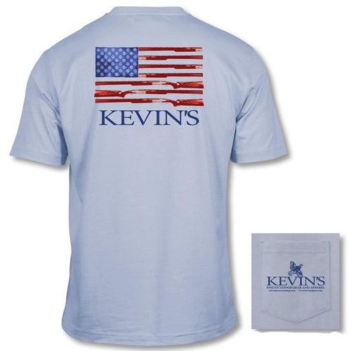 Light blue Comfort Colors t-shirt with a patriotic gun flag back graphic and a Kevin's logo on the front chest pocket.