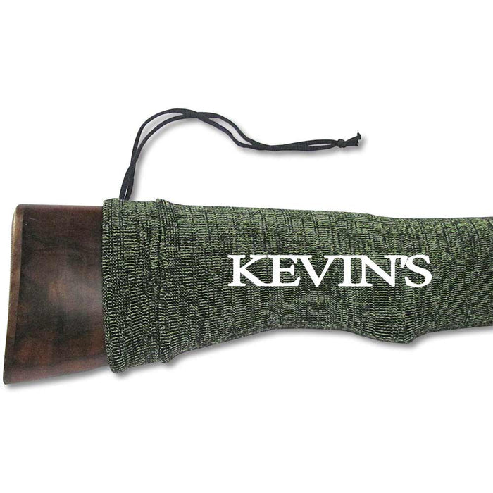 Green silicone-treated cotton gun sock with Kevin's logo, protecting a wooden firearm stock.