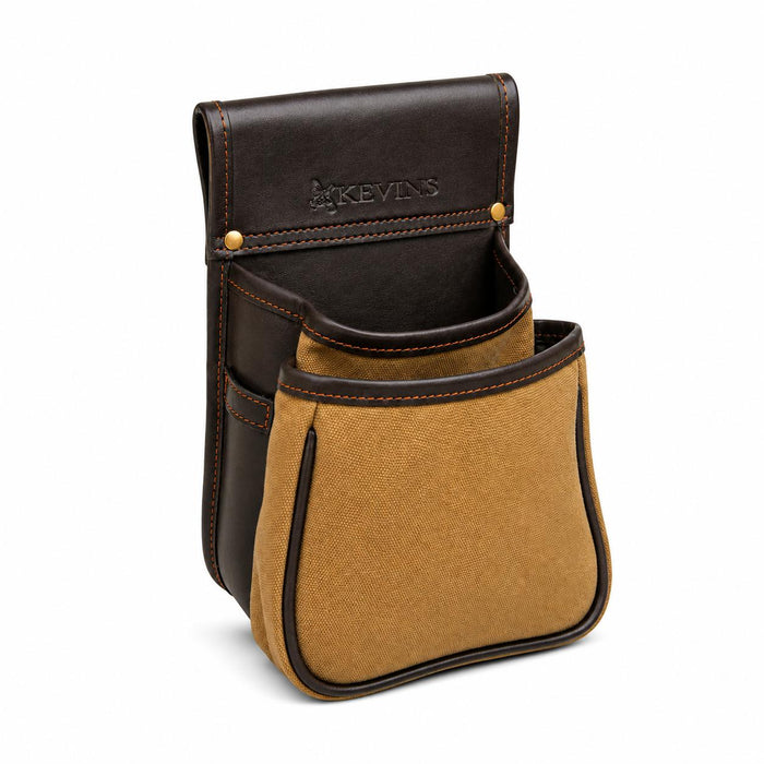 Kevin's hip shell pouch in tan canvas and mahogany leather with a shell divider and embossed logo on a white background.
