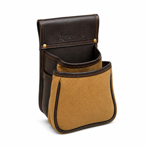 Kevin's hip shell pouch in tan canvas and mahogany leather with a shell divider and embossed logo on a white background.