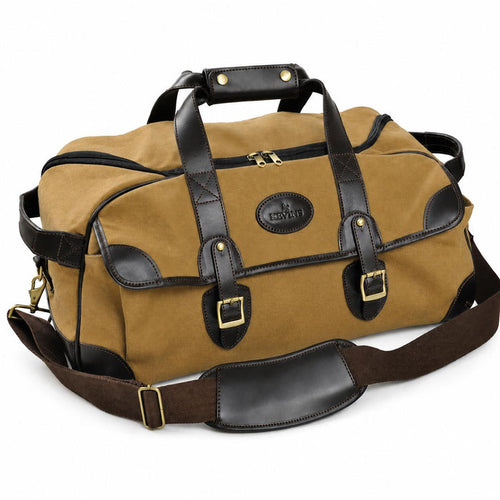 Olive canvas duffel bag with mahogany leather trim, brass hardware, and a Kevin's logo patch on a white background.