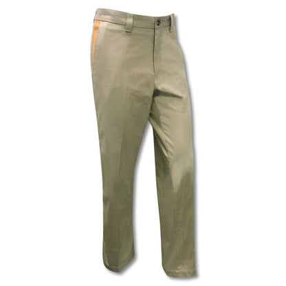 Kevin's khaki stretch poplin pants featuring refined faux suede pocket trim in a comfortable, balanced fit.