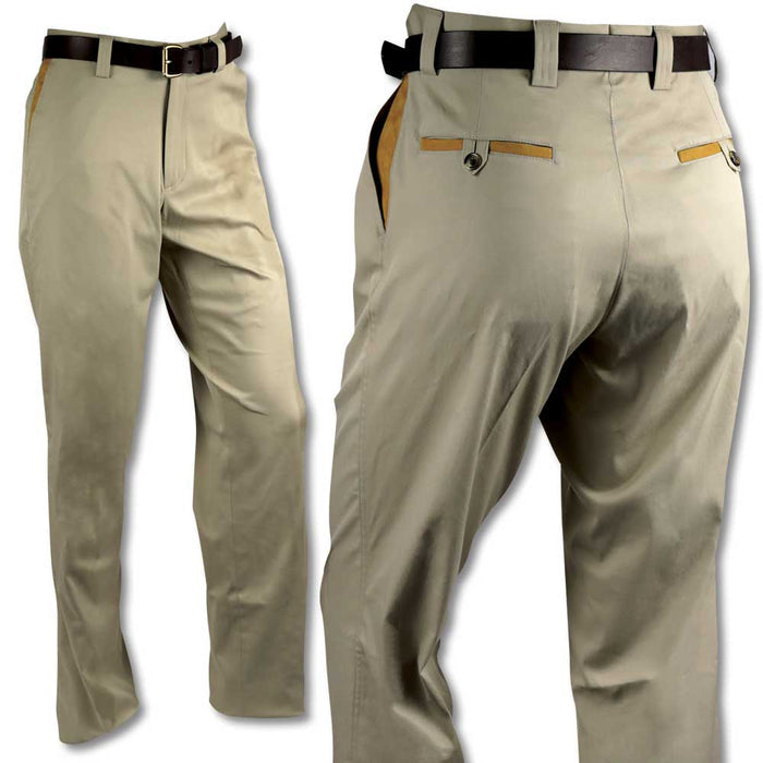 Khaki stretch poplin pants featuring refined faux suede trim on the front and back pockets with a classic tailored fit.