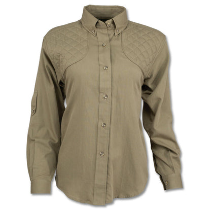 Olive green ladies long sleeve shooting shirt with quilted shoulder patches and a button-down collar.