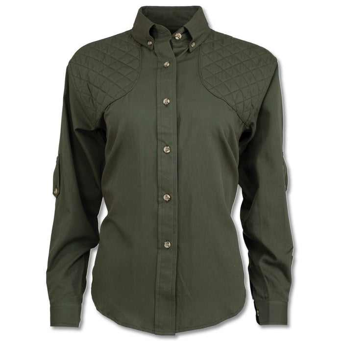 Olive green ladies shooting shirt with quilted shoulder patches, button-down collar, and lightweight cotton poplin fabric.