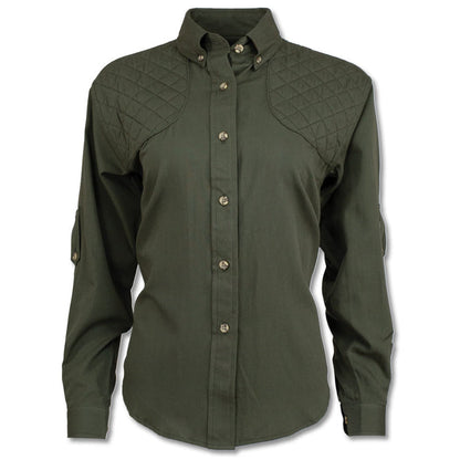 Olive green ladies shooting shirt with quilted shoulder patches, button-down collar, and lightweight cotton poplin fabric.