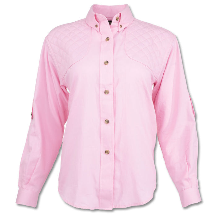 Light pink long-sleeve cotton shooting shirt with quilted shoulder patches and a button-down collar.