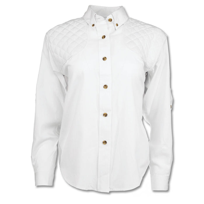 White cotton poplin ladies shooting shirt with quilted shoulder patches, button-down collar, and tortoise-style buttons.