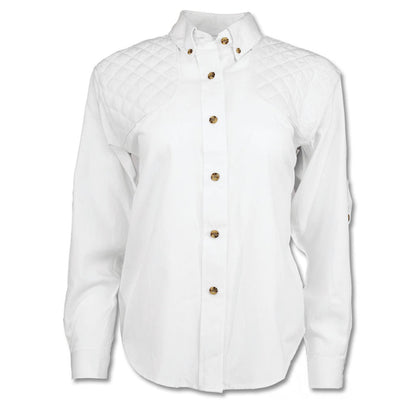 White cotton poplin ladies shooting shirt with quilted shoulder patches, button-down collar, and tortoise-style buttons.
