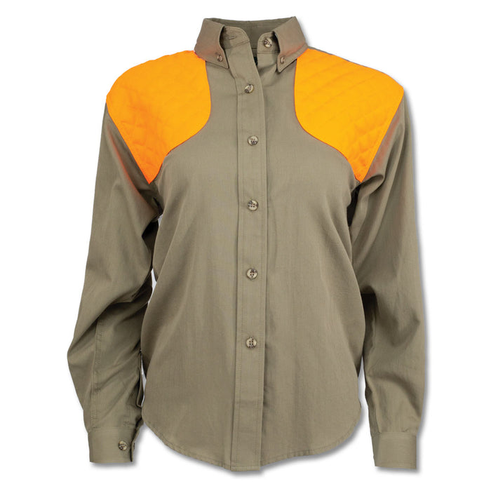 Olive green ladies shooting shirt with bright orange quilted shoulder patches and a button-down collar.
