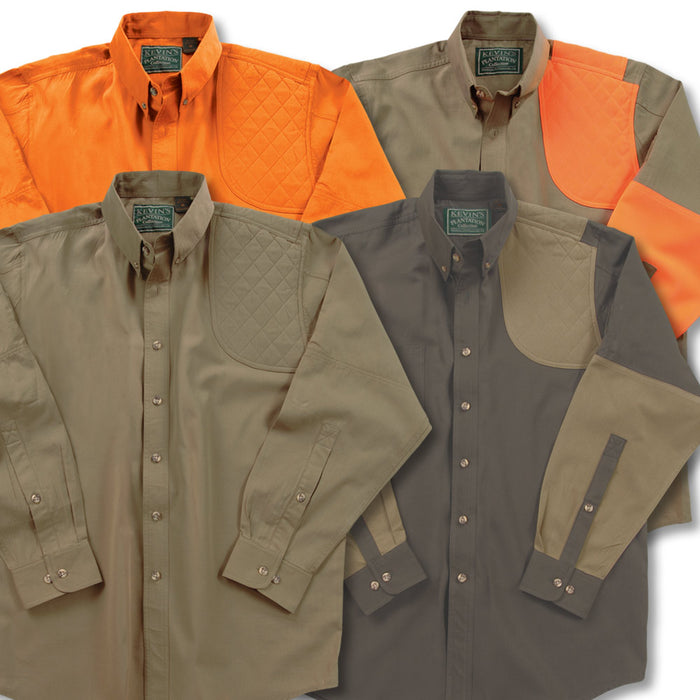 Kevin's long sleeve cotton poplin shooting shirts in various colors with quilted left-hand recoil pad patches.