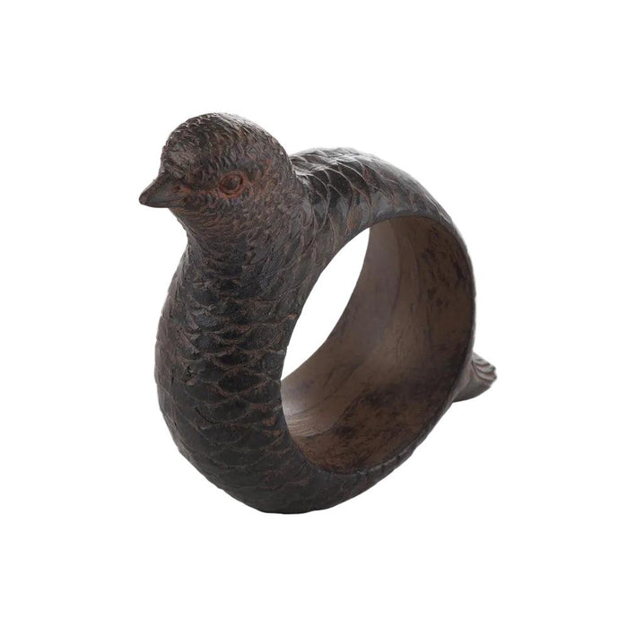 Hand-carved dark brown resin napkin ring featuring an intricate, lifelike pheasant design for rustic table decor.
