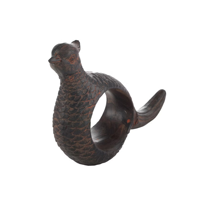 Hand-carved dark brown resin napkin ring featuring an intricate pheasant design with detailed feather textures.