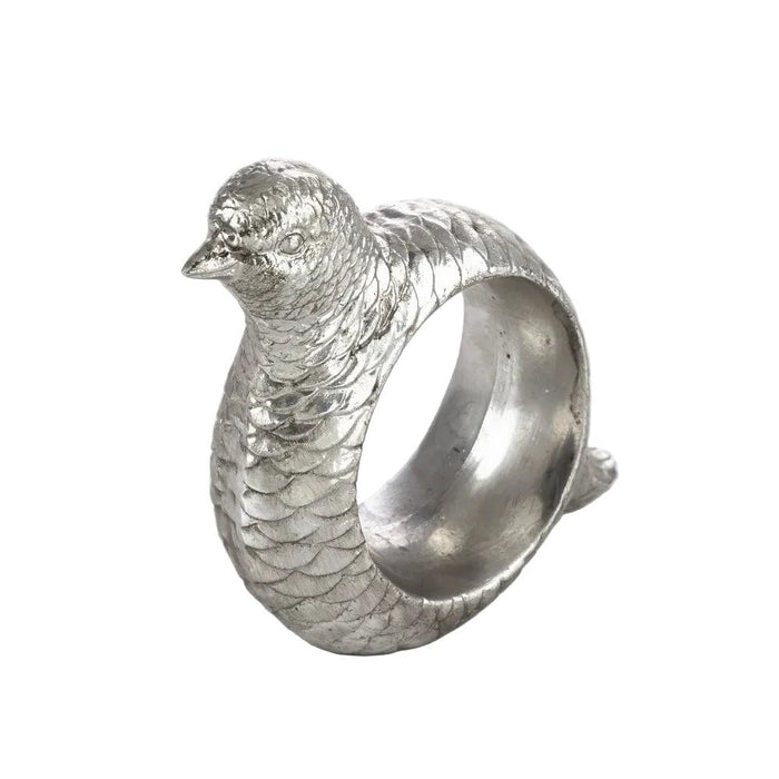 Silver-toned resin napkin ring featuring a detailed, hand-carved pheasant or quail design for elegant dining.
