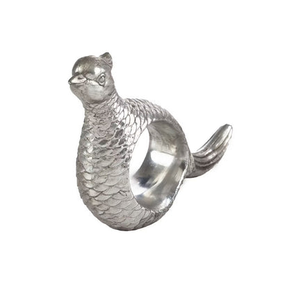 Silver hand-carved resin napkin ring featuring an intricate, lifelike pheasant design for elegant table settings.