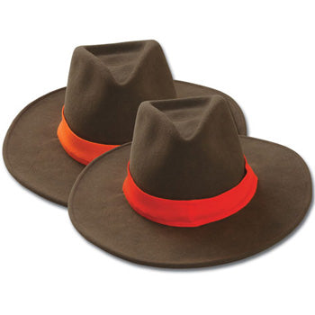 Two brown felt hats featuring adjustable blaze orange and red cotton-blend safety bands for high visibility.