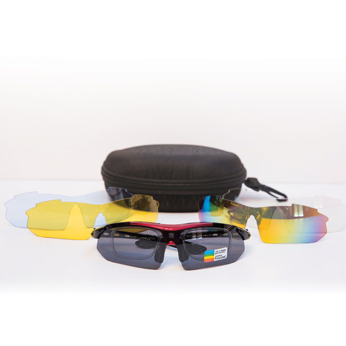 Kevin's polarized shooting glasses with red frames and four interchangeable lenses, displayed with a protective carrying case.