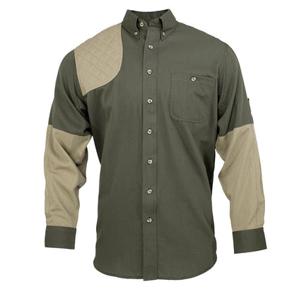 Olive green cotton poplin shooting shirt with a tan quilted right shoulder recoil pad and contrasting tan sleeves.