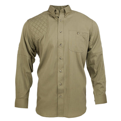 Khaki cotton poplin long sleeve shooting shirt with a quilted right shoulder patch, button-down collar, and chest pocket.