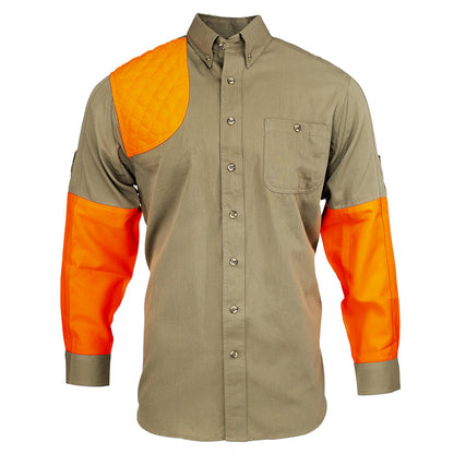 Khaki cotton poplin shooting shirt with a blaze orange recoil patch and matching sleeve accents.