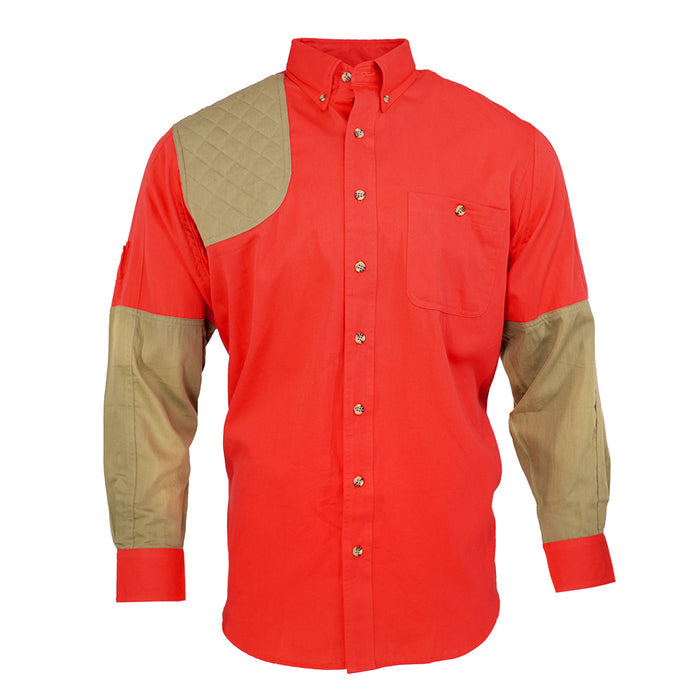 Red long-sleeve cotton shooting shirt with tan quilted shoulder patch and forearm overlays, featuring a button-down collar.